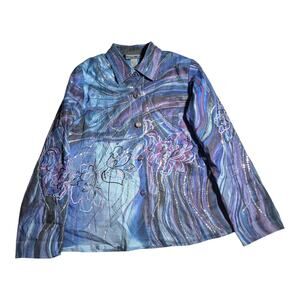 Vtg Y2K Indigo Moon Blue Purple Abstract Watercolor Floral Embroidered Jacket M
